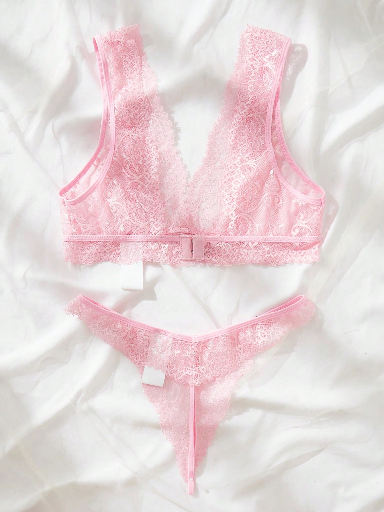 Lace Bralette Set - طقم لانجري وردي من الدانتيل الشفاف